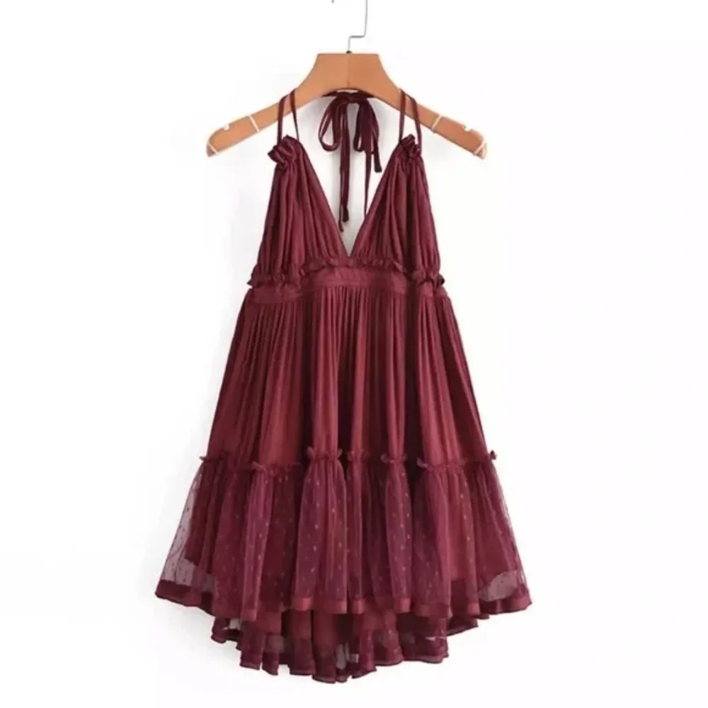 SOLD OUT Wine Swiss Dot Mesh Boho Halter Mini Dress - Picture 3 of 6
